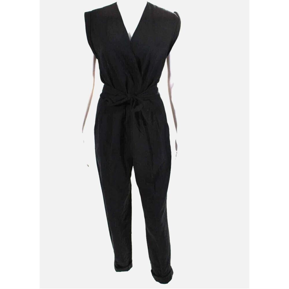 Theory Wool Pleated Front V Neck Belted Provence Jumpsuit Black Size 8